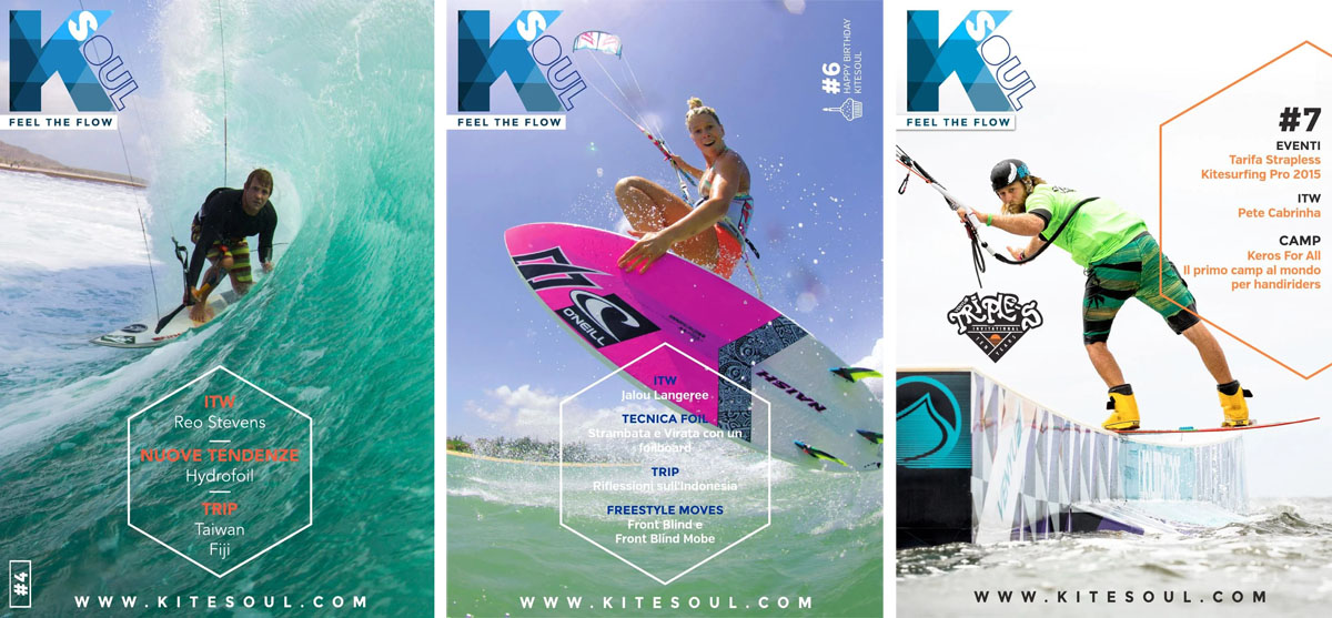 Covers of Kitesoul magazine dedicated to kitesurfing, featuring athletes in action and a focus on techniques, travel, and equipment.